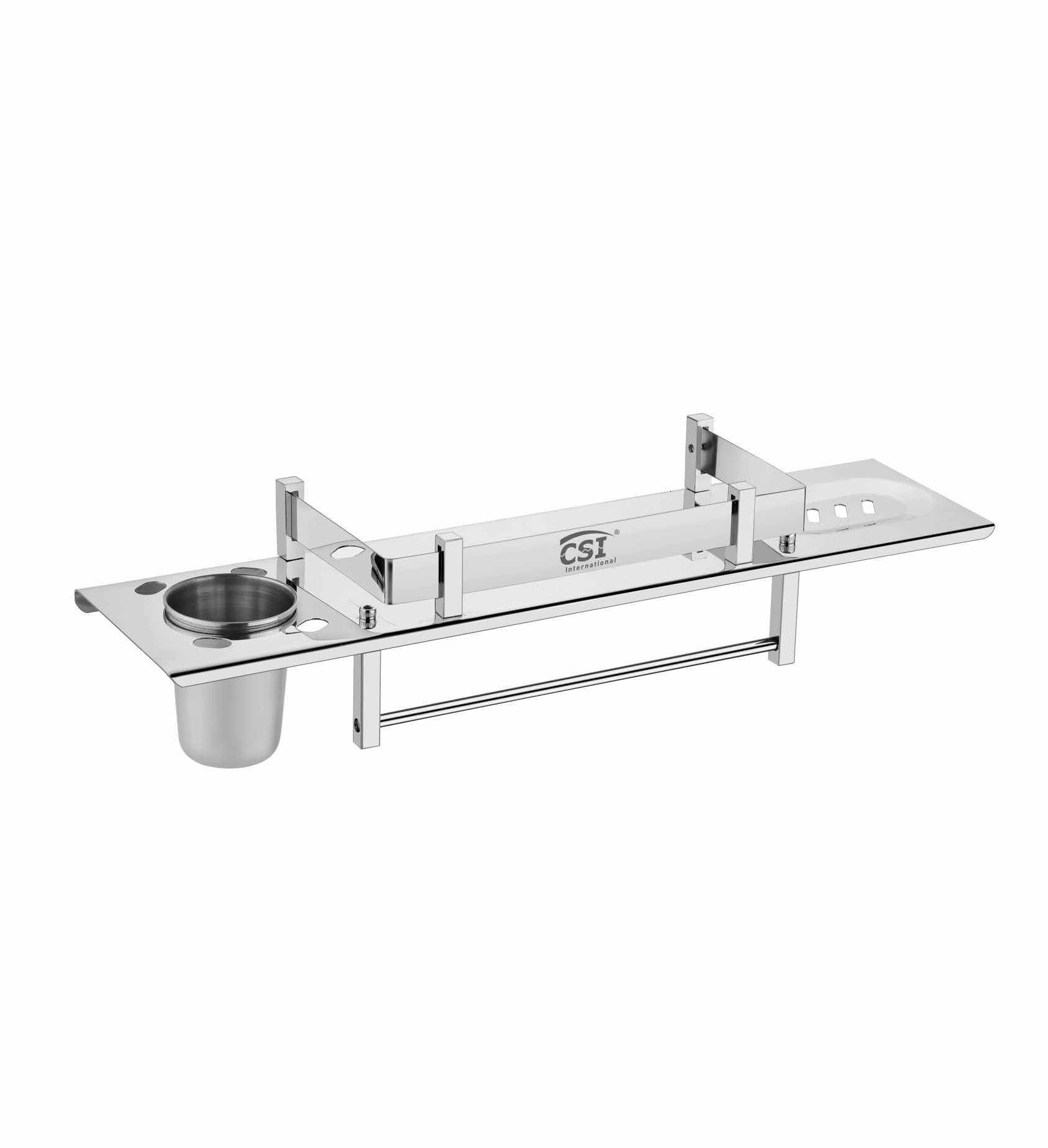 CSI INTERNATIONAL 4-in-1 Stainless Steel Bathroom Shelf Rack | Wall Mounted Towel Rod, Soap Tray, Toothbrush & Tumbler Holder | Rust-Free Bathroom Organizer for Home, Wash Basin – 12 x 5 Inch-image-13