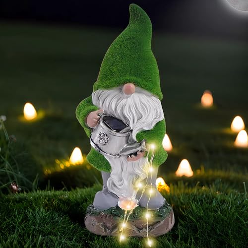 Estatua de Jardín con Luz Solar Gnomo Primavera de 30 cm con Farol, Adorno de Resina para Exterior, Decoración de para Exteriores, Terraza o Balcón, Resistente a la Intemperie. Primavera