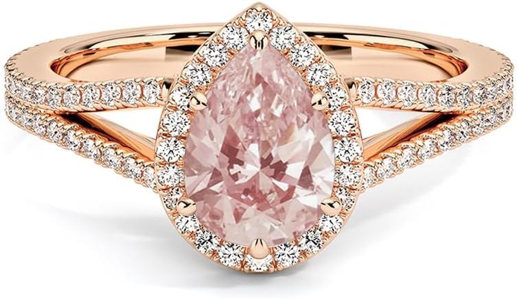 1.00 Carat Pear Cut Morganite & White Diamond Split Shank Halo Engagement Ring For Women, 14K Gold Plated 925 Silver September Birthstone Diamond Bridal Side Stone Ring