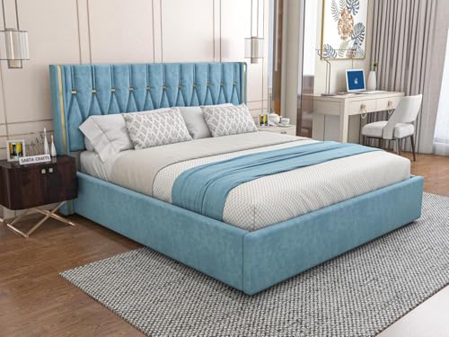 Image of Modern Upholstered King Size Bed with Box Storage for Bedroom | Wooden Double Bed with Storage | Platform Cot Bed with Upholstery Premium Fabric | Sheesham Solid Wood, (Blue), 6.5 x 6 Ft