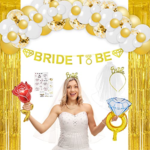 81pcs Bride To Be Despedida de Soltera Decoraciones,con Globos Banner,Globos de Lámina de Oro,Diadema Oro,Velo,Tatuajes,para Fiestas Noche de Ducha Nupcial Cover