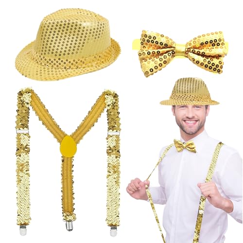 EUPSIIU 3 Pièces Disco Déguisement Or Chapeau de Danse Jazz Paillette Accessoire pour Adulte Enfants, Année 70 Paillettes Chapeau Bretelles à Paillettes Noeud Papillon pour Halloween Fête à Thème