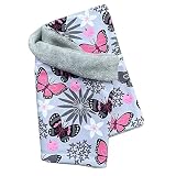 Wollhuhn Öko Mädchen/Damen/Jungen Warmer Schlupfschal/Halstuch Innen Fleece Gefüttert Viele Motive Winter Übergangszeiten aus Öko-Stoffen (Schmetterlinge Grau/Rosa) 2828282828