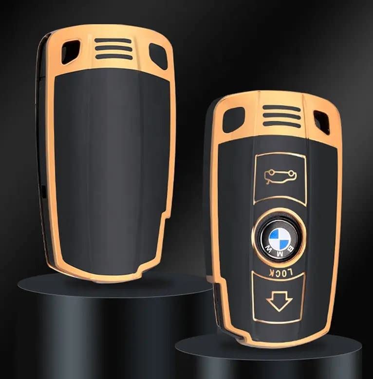 StyleC Remote Key Cover Compatible with BMW 1 3 5 SERIES X1 X3 X5 X6 E60 E90 E70 Z4 TPU Case Key Fob Keyless Remote Control Smart A (Black Gold)