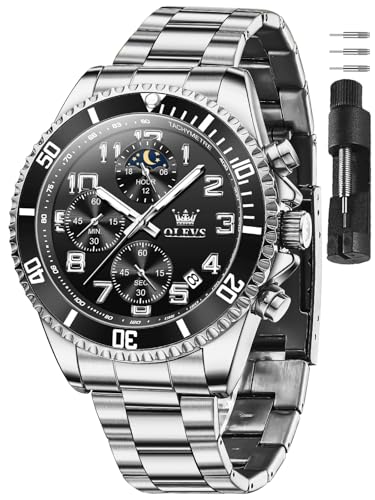 Image of OLEVS Watches for Men Stainless Steel Dress Men Watch with Date Big Face Chronograph Waterproof Luxury Fashion Watch Blue /Black /Gold /Green /Silver Face Relojes para Hombres