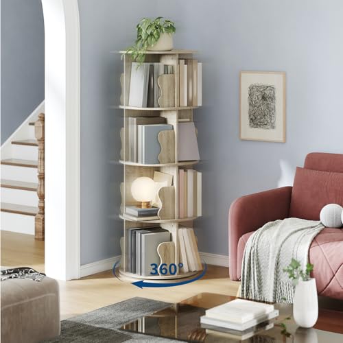 GarveeHome 4 Tier Rotating Bookshelf Tower, Spinning Corner Bookshelf for Small Spaces, Revolving 360° Bookcase Storage Rack Tower, Vertical Rotate Turning Spiral Wood Book Shelf Organizer, Natural