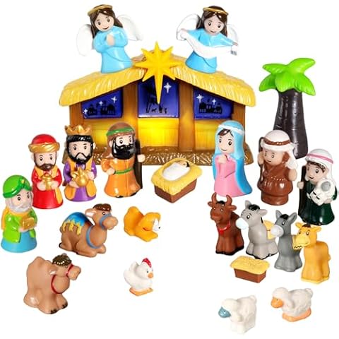 HOTFUN Kids Nativity Set with Light 25 Pcs, Litter Nativity Playset Christmas Story Figures, Toddlers Nativity Set with Baby Jesus Mary Joseph Manger, Kids Nativity Scene for Children Preschool Cover