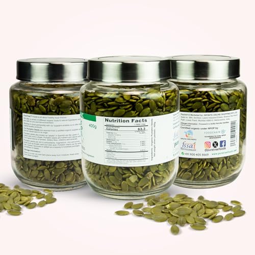 Image of Pure Tree Certified Organic Pumpkin Seeds | 400 g | Glass Jar | Kaddu ke Beej | Seeds for Eating Good Source Of Omega 3 | Raw Pumpkin Seeds Superfood