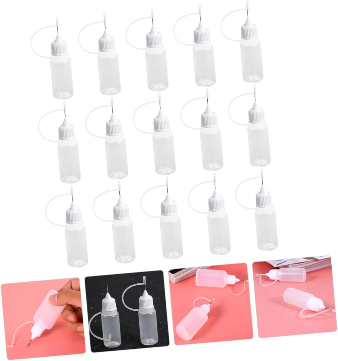 NULYLU 15pcs Precision Glue Dispensing Bottles Squeeze Applicator with Long Tips for Crafts Essential Oils and Lab Use