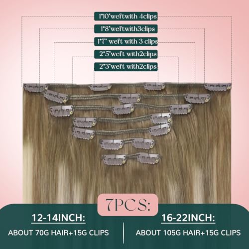 Image of Easyouth Balayage Clip in Hair Extensions, Clip in Extensions Real Human Hair, Medium Brown Ombre Platinum Blonde with Brown, 12 Inch 7pcs 85g, Remy Hair Extensions Clip ins, for Beginners