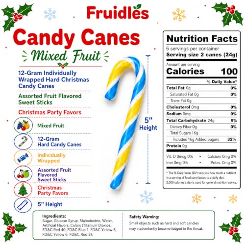 24-Count Mixed Fruit Candy Canes Candy, 12-Gram Individually Wrapped Hard Christmas Candy Canes, Assorted Fruit Flavored Sweet Sticks, Christmas Party Favors, Holiday Stocking Stuffers and Festive Treats for Kids (24-Pack) - image 3