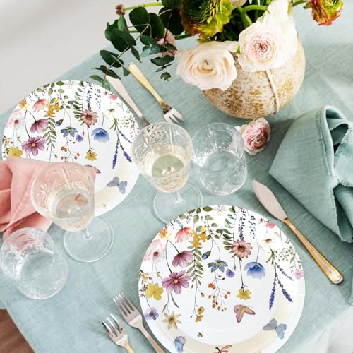 50Pcs Wildflower Plates Wildflower Party Supplies 7\"Floral Paper Plates Spring Floral Shower Birthday Tableware Decorations for Spring Summer Picnic Wedding Tea Party Decor (Butterfly Flowers)