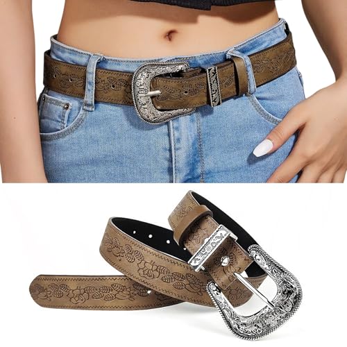 Western Belt for Women – Vintage Cowgirl Boho Belt with Country Style Engraved Buckle for Jeans Pants Dresses - Main Image