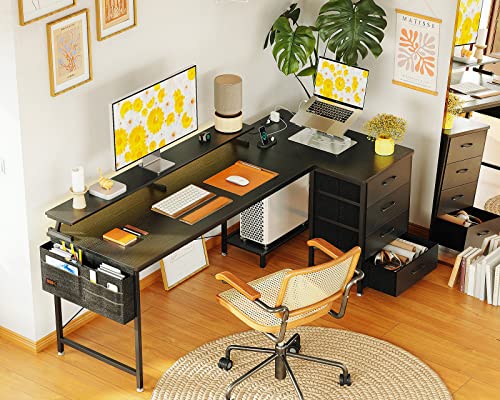 Odk 63 Inch L Shaped Computer Desk With Usb Charging Port & Power Outlet, Gaming Desk Corner Desk With 4 Tier Drawer & Monitor Shelf For Home Office Workstation, Modern Style Writing Table, Black #TOP1