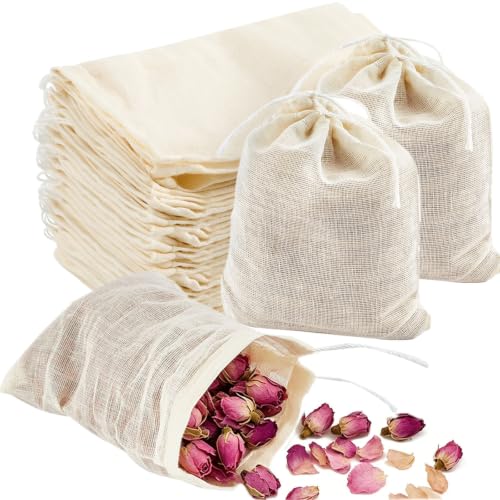 TUZAZO 50 Pcs Muslin Bags with Drawstring 3 x 4 inch Reusable Tea Bags for Loose Leaf Tea Natural Cotton Unbleached Cheesecloth Small Spice Bag for Cooking Soup Herb Sachet Bag Empty