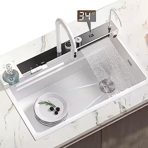 OIJKLA Fregadero de Cocina Blanco de Acero Inoxidable 304 con Pantalla Digital, Grifo en Cascada, Fregadero Individual Grande para el hogar con lavavasos, Accesorios completos (75 x 46 cm)