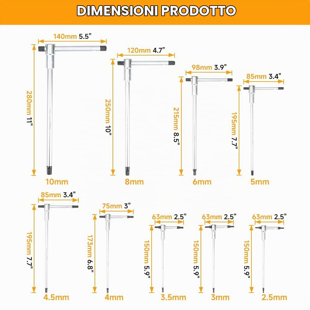 Hoteche Set di 9 chiavi a brugola con impugnatura a T | 2,5-10 mm | acciaio CRV cromo-vanadio | cromato opaco