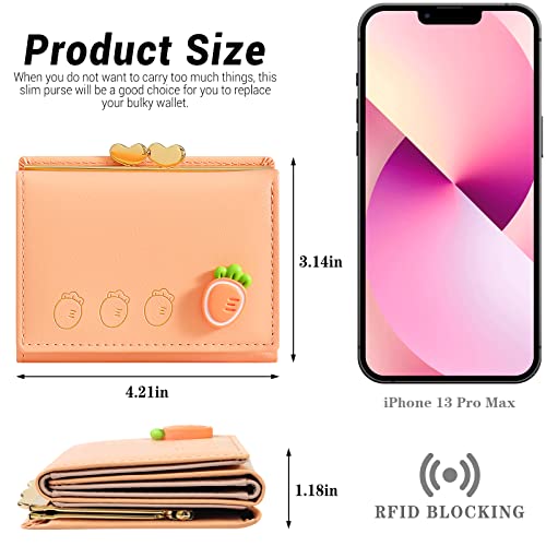 Image of YINHEXI Wallet for Women, Faux Leather, Water Resistant, Orange, Unisex, Mini Purse, 7 Card Slots, 1 Cash Slot, 1 ID Window