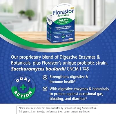 Florastor Advanced Gas and Bloat Probiotic, Digestive Enzymes and Botanicals, Plus Probiotics for Digestive Health, 30 Capsules