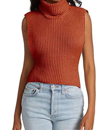 Image of Womens Sleeveless Sweater Vest Turtleneck Ribbed Knit Tank Tops Basic Slim Fit Top