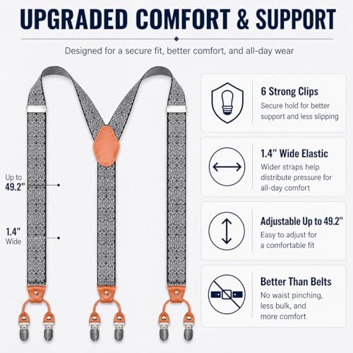 Image of Men's Heavy Duty Y-Back Suspenders, 6 Strong Metal Clips Adjustable Elastic Straps for Work, Tuxedos, and Daily Wear