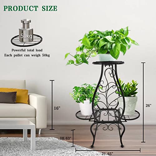 Xaxm Metal Plant Stand Indoor Outdoor - 2 Tier 3 Potted Flower Pot Holder Potted Display Rack - Bearing 50Kg Wrought Iron Planter Organizer Shelf For Corner Balcony Living Room Bedroom Office, Black #TOP3