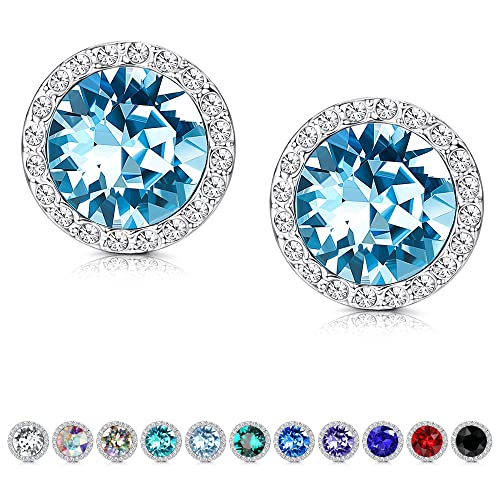 Aretes, Sports Fiasaso Cristales de plata esterlina Pendientes para las mujeres hechas de cristales de corte redondo Rhinestone Halo Pendiente de noviaazul plateado
