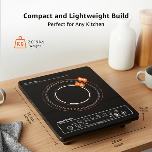 Image of Amazon Basics 2200W Induction Cooktop | 8 Pre-Set Cooking Menus | LED Digital Display | Touch Panel I Energy Efficient, Auto Cut-off, 25A IGBT & 4KV Surge Protection I Smart Pan Sensor I Black