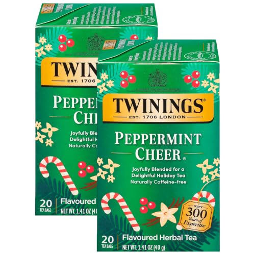 Twinings Peppermint Cheer Herbal Tea Individually Wrapped Bags, 20 Count (Pack of 2), Peppermint &amp; Vanilla, Naturally Caffeine-Free, Enjoy Hot or Iced, 20 Teabags