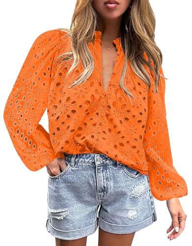 BETTE BOUTIK Women's Long Short Sleeve Tops 2025 Dressy Casual Button Hollow Out Lace Embroidered Blouses Shirts