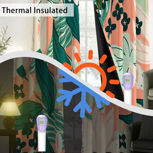 Image of Tyrot Coral Botanical Blackout Curtains for Bedroom,52W x 96L,2 Panels | Whimsical Floral, Energy-Saving Thermal Insulation, Light Blocking, Room-Darkening Privacy, Easy Grommet Drapes, Heavyweight