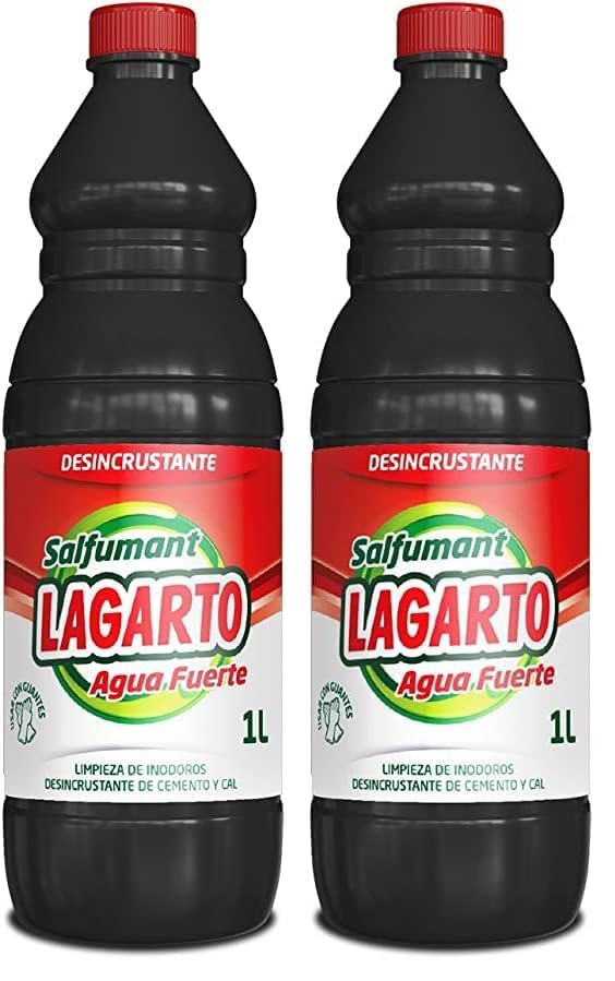 Lagarto agua fuerte salfuman botella de 1 litro. maxima limpieza multiusos. Desincrustante. Elimina manchas y suciedad en superficies paredes de cemento y ladrillo, paredes de piscinas (Paquete de 2)