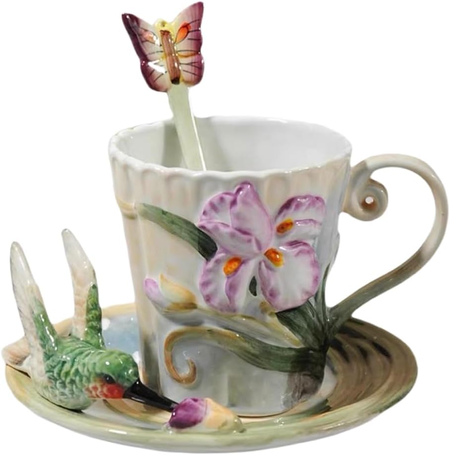 Minigift Ceramic Tea Cup and Saucer Set ，6OZ 3D Hand-painted Hummingbird and Flower Coffee Mug，Gift for Women
