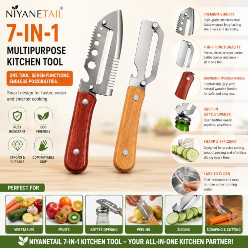 Image of Multi-Functional Stainless Steel Vegetable Peeler with Wooden Handle & Bottle Opener Single Blade Peeler for Fruits & Vegetables Sharp & Easy-Grip Kitchen Tool (7 in !)