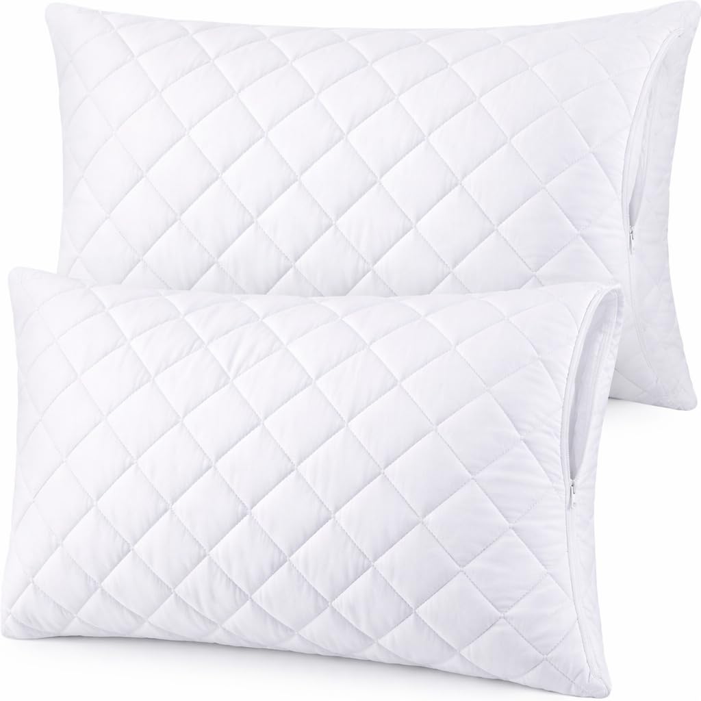 4AS Quilted Pillow Protectors 2 Pack (48x74cm) – 100% Polyester, Breathable & Machine Washable Zipped Pillow Covers (White)