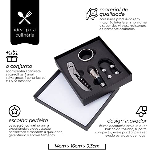 Mimo Style Jogo Para Vinho no Estojo Com 4 Pçs, Inclui Saca-Rolhas, Anel Salva Gotas, Cortador de La