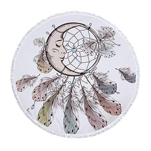 Allequal New Round Beach Towel Microfiber Colorful Dreamcatcher Printed Fringe Tassels Blanket Tapestry Yoga Picnic Mat
