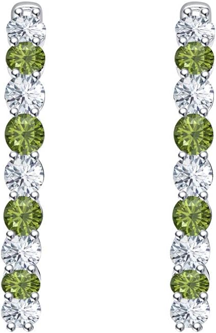 Round Cut White CZ Diamond & Green Tourmaline 14K Gold Over .925 Sterling Silver Round Inside-Out Shared Prong Hoop Earrings For Womens.