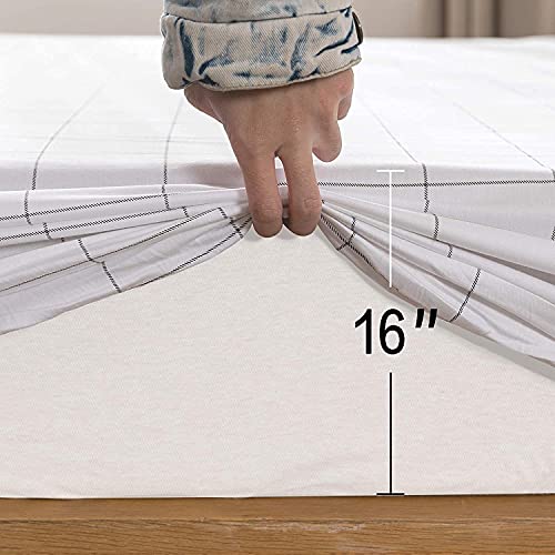 Jellymoni 100% Cotton White Plaid Fitted Sheet, Queen Bed Sheet Extral Deep 16", Ultra Soft Breathable Deep Pocket Printed White With Black Grid Geometric Pattern thumb #2