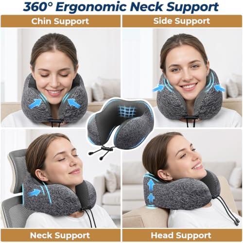 Image of ExploreBliss Travel Pillow, 2 Pack Travel Pillows for Sleeping Airplane, Removable Cover Neck Pillow with Adjustable Clasp, Memory Foam Neck Pillow Set (Dark Grey & Black) | Travel Pillows for Airplanes, Neck Pillow Airplane, Memory Foam Neck Pillow Set with Eye Mask, Earplugs