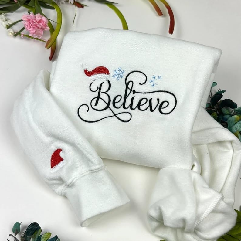 Believe Christmas Sweatshirt, Embroidered Hoodie, Fall Pullover White4