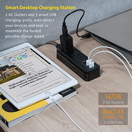 Flat Plug Power Strip With Usb - 2 Outlets 3 Usb Charging Ports(3.1A, 15W), Desktop Charging Station With 5 Ft Braided Extension Cord For Travel Cruise, Home Office, Etl Listed #TOP2