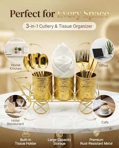 Image of Metal 3-Compartment Cutlery & Tissue Holder | Galvanized Gold Finish Spoon Fork Stand for Dining Table & Kitchen | Multi-Purpose, cutlery set for dining table , Forks, Knives & Napkins,cutlery holder