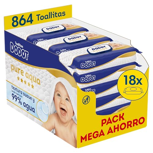 Dodot Toallitas Pure Aqua Para Bebé, 864 Toallitas (18 Packs de 48 Unidades), Ayuda A Restaurar El PH Natural De La Piel, 99% Agua, Sin plástico (Paquete de 2)