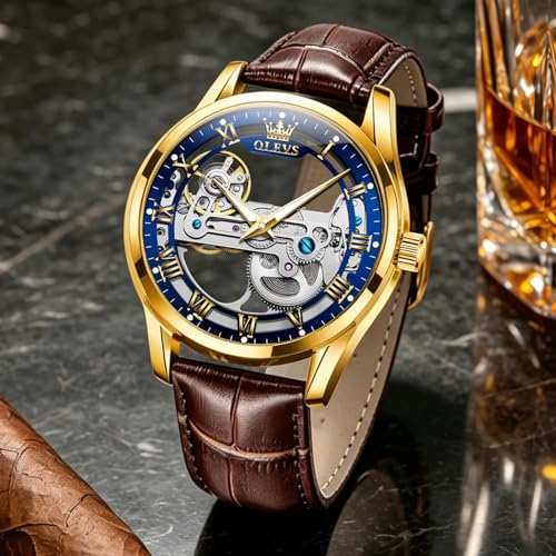 Image of OLEVS Skeleton Watches for Men Automatic Self Winding Mechanical Luxury Dress Leather Waterproof Luminous Men Wrist Watch