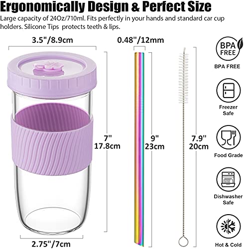 Reusable Boba Cup Bubble Tea Cup 4 Pack, 24Oz Wide Mouth Smoothie Cups With Lid, Silicone Sleeve & Wide Straws, Leakproof Glass Drinking Water Bottle Travel Tumbler Jar For Large Pearl Valentine Gifts #TOP2