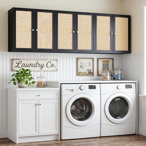 Image of Rattan Wall Cabinets for Laundry Room, Upper Cabinets Wall Mounted with Adjustable Shelves, Wall Cabinet for Kitchen, Bathroom, Bedroom, Black, Set of 3