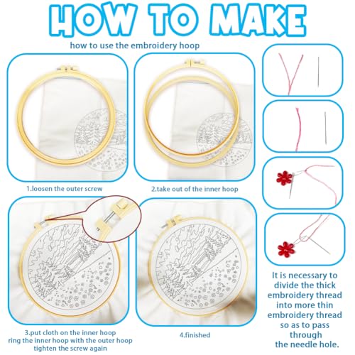 Image of ACRNIGHEET 5 Pack Embroidery Kit for Beginners Adults, Stamped Cross Stitch Kits, Hand Embroidery Starter Kit Including 5 Stamped Embroidery Cloth, Colorful Threads, Hoop, Instruction, Gift Idea