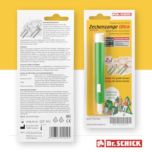 Dr. Schick Zeckenzange Ultra [2-in-1 Zeckenhaken & Zeckengreifer] - patentierter Zeckenschutz für Mensch und Tier - große und kleine Zecken zuverlässig entfernen