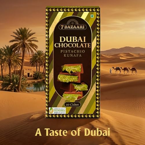 Image of 7 BAZAARI Dubai Chocolate Pistachio Kunafa Dessert | Viral Sweet | Milk Chocolate Stuffed Kunafa with Pistachios | Crispy Knafeh Bites | Luxury Middle Eastern Dessert Gift Box, 10 pcs